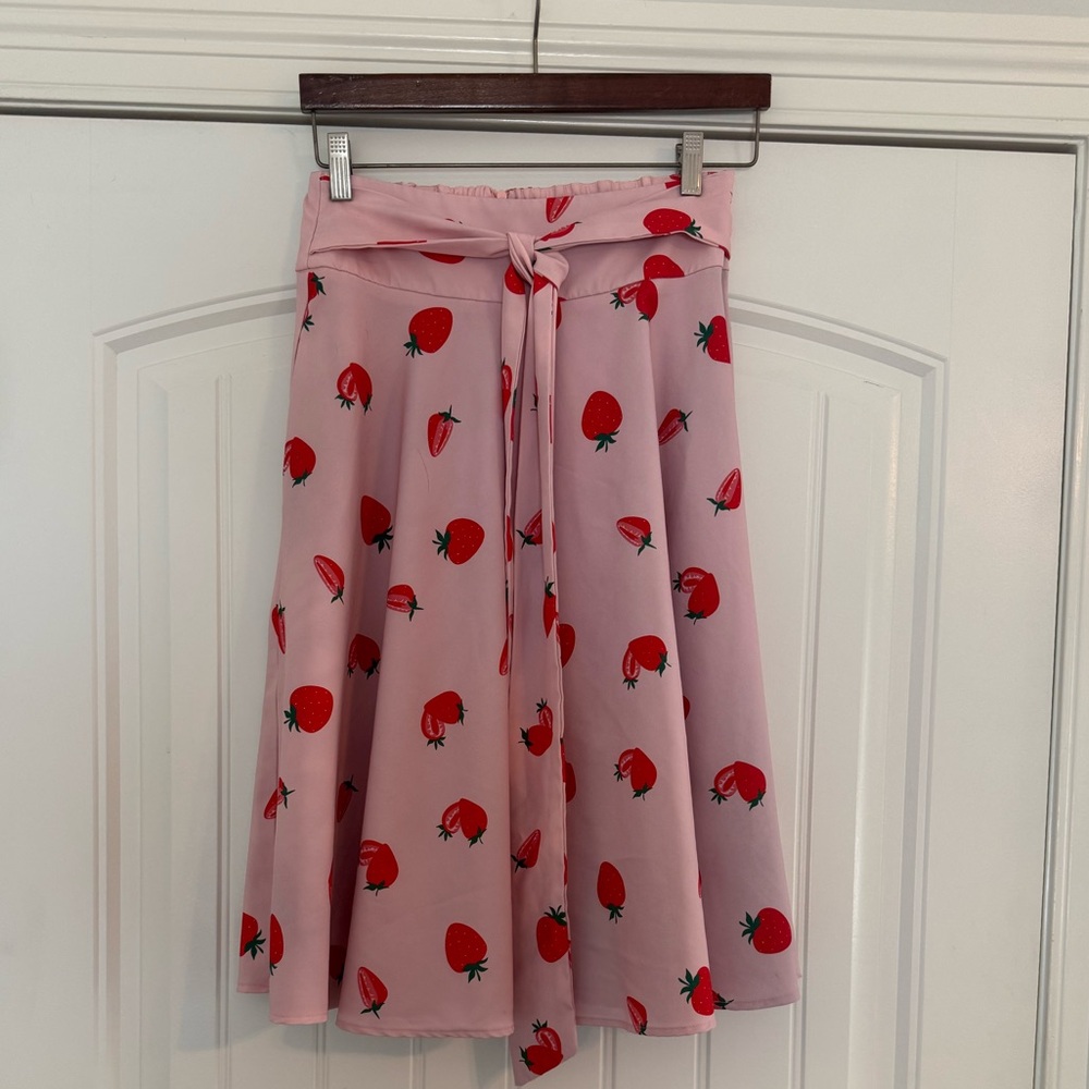 Strawberry Retro Print Small  Midi Skirt Flare Cottage core Feminine Pink